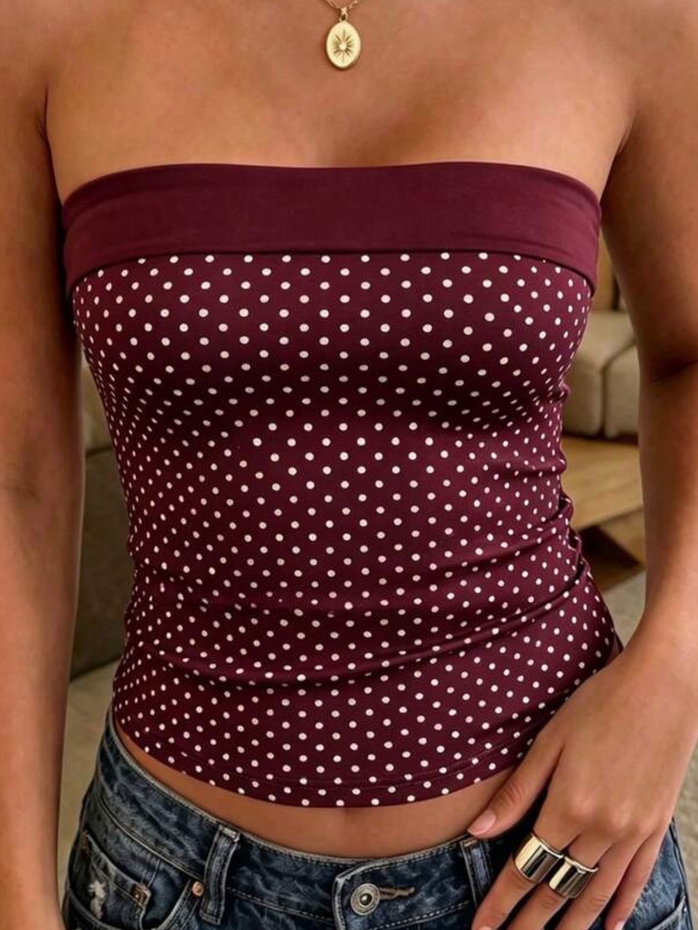 Bandeau Polka Dot Tube Top - Burgundy